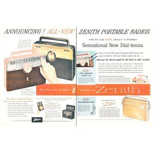 1957 Zenith Portable Radio 2 Page Vintage Print Ad Sun Valley Sea Shore MCM 50s